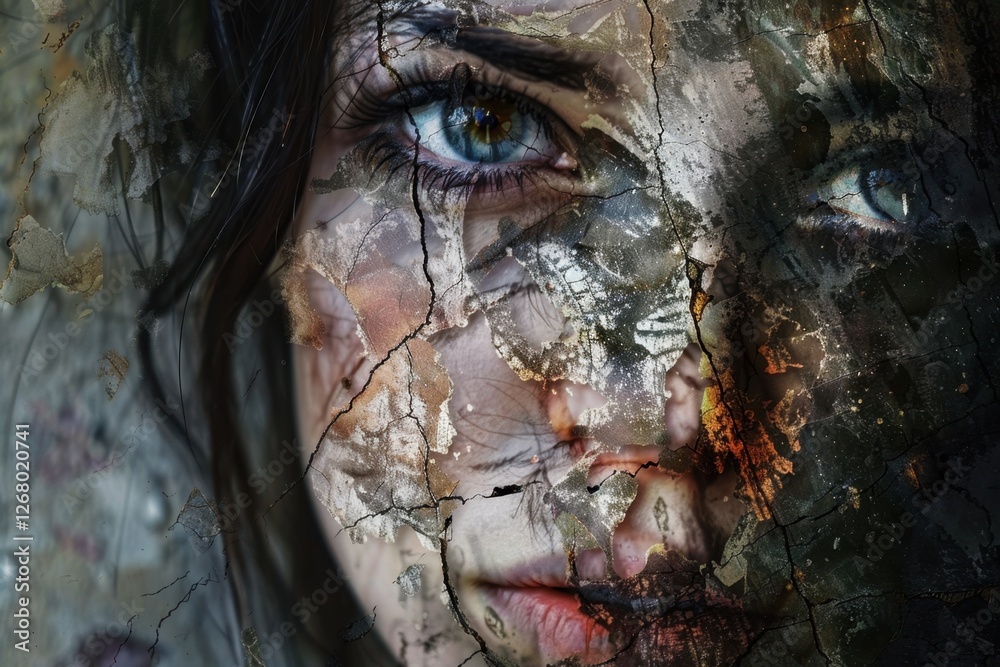Poster Mysterious portrait of a woman with textured layers and abstract elements highlighting intricate emotions and contrasts