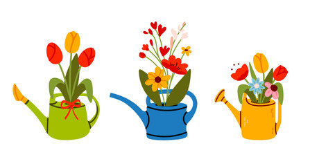 Vector set of cute floral watering cans with blooming flowers. Hand-drawn cartoon clipart of garden tools for stickers, spring decor, and floral compositions. © vicktoriabbk