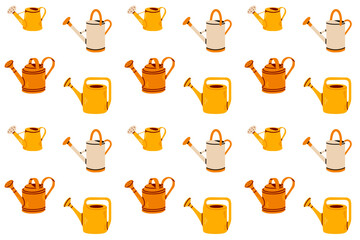 Seamless pattern of yellow and orange watering cans. Hand-drawn vector background for gardening, textiles, and nature-themed designs.