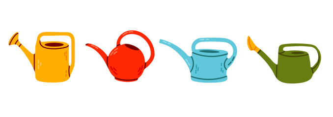 Vector set of multicolored cartoon watering cans isolated on white background. Clipart collection of gardening tools. Hand-drawn flat elements for stickers. © vicktoriabbk