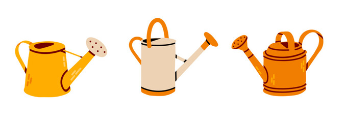 Vector set of multicolored cartoon watering cans isolated on white background. Clipart collection of gardening tools. Hand-drawn flat elements for stickers. © vicktoriabbk