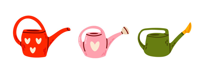 Vector set of multicolored cartoon watering cans isolated on white background. Clipart collection of gardening tools. Hand-drawn flat elements for stickers. © vicktoriabbk