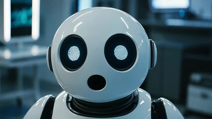 A shocked robot looks at camera while stands in a modern lab, demonstrating impressive capabilities and innovations in artificial intelligence - Powered by Adobe