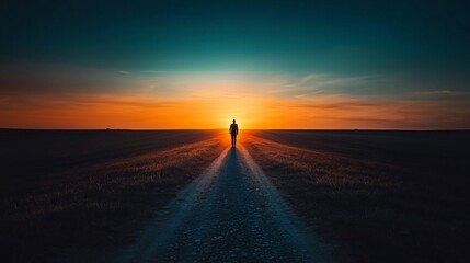 Solitary figure walking towards sunset on a rural road