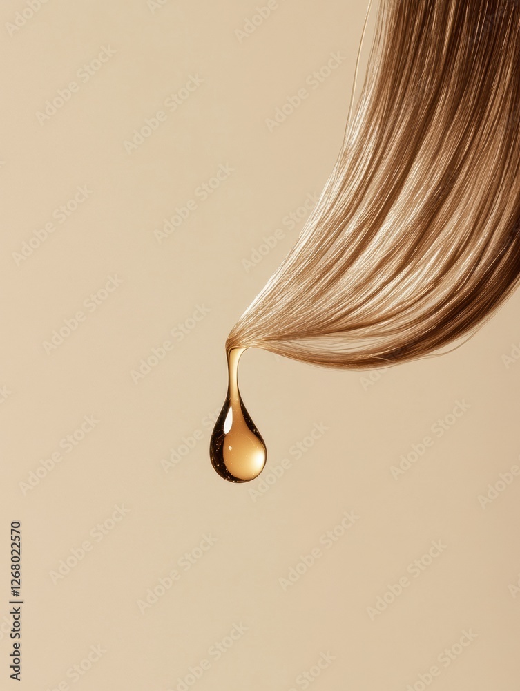 Poster liquid drop causes visible damage to a strand of hair hanging against a neutral background. generati