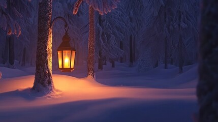 Illuminated Lantern Hanging In A Snowy Winter Forest