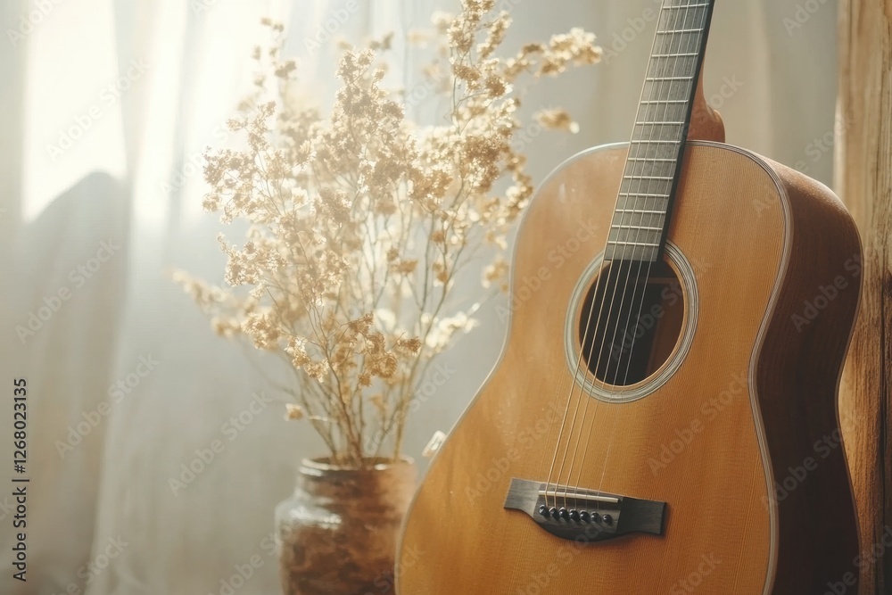 Aufkleber acoustic guitar resting beside dried flowers in a sunlit room creating a serene and calming atmosphe