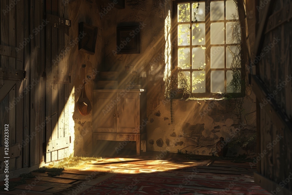 Aufkleber shadows and sunlight create a serene ambiance in an old room with peeling walls and leafy vines at g