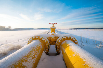 double yellow pipeline with valve, in a snowy field, perspective against a blue sky background