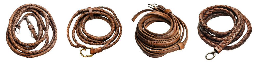 Brown leather dog leashes coiled arranged in various styles and designs