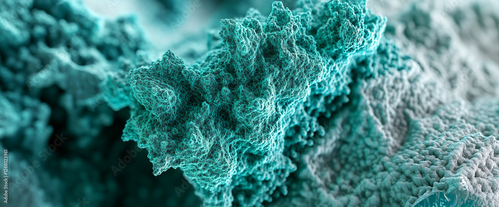 Poster Close-up of a microscopic image showing complex texture and structure of a molecular or cellular formation in turquoise and teal, symbolizing biotechnology and cellular biology.