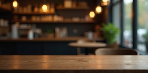 Clean wood table, soft gold cafe lights, dark backdrop, ambiance, gold, illumination