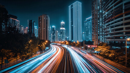 Obraz premium Urban lights blur across the cityscape, painting streaks of movement against the backdrop of illuminated skyscrapers in a long exposure photo.
