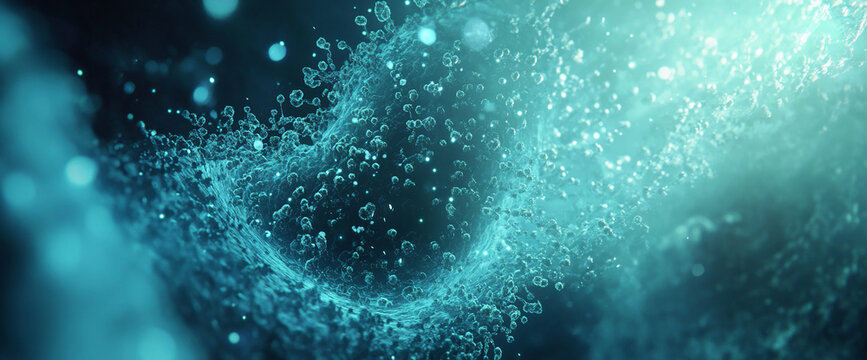 Close-up of a microscopic image showing water molecules, with sparkling bubbles and flowing particles symbolizing fluid dynamics, liquid science, and molecular structures.