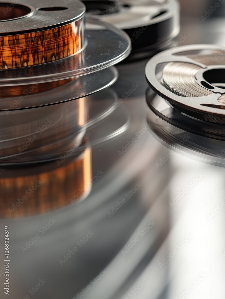 Poster close up view of vintage film reels and tape on reflective surface with space for text and creative 