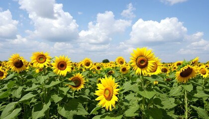 Fototapeta premium Un campo de girasoles bajo un cielo azul con nubes blancas