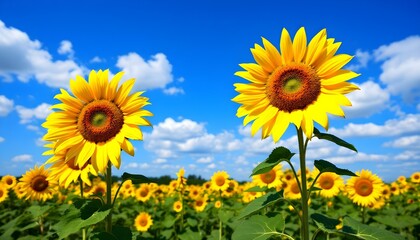 Obraz premium Un campo de girasoles bajo un cielo azul con nubes blancas