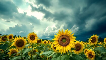 Obraz premium Un campo de girasoles bajo un cielo azul con nubes blancas