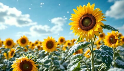 Obraz premium Un campo de girasoles bajo un cielo azul con nubes blancas