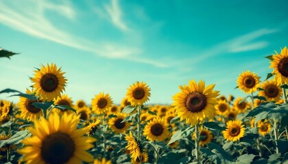 Un campo de girasoles bajo un cielo azul con nubes blancas