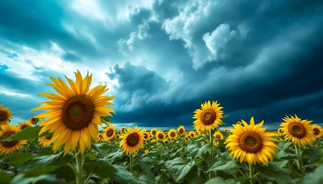 Un campo de girasoles bajo un cielo azul con nubes blancas