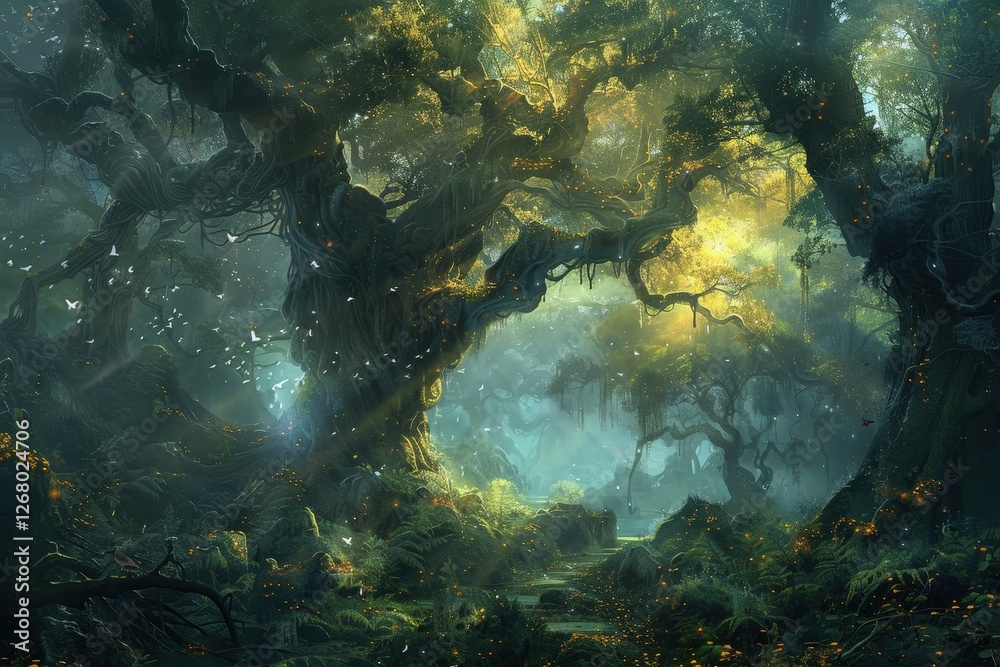 Poster Majestic ancient tree surrounded by lush greenery and soft sunlight in a tranquil forest setting