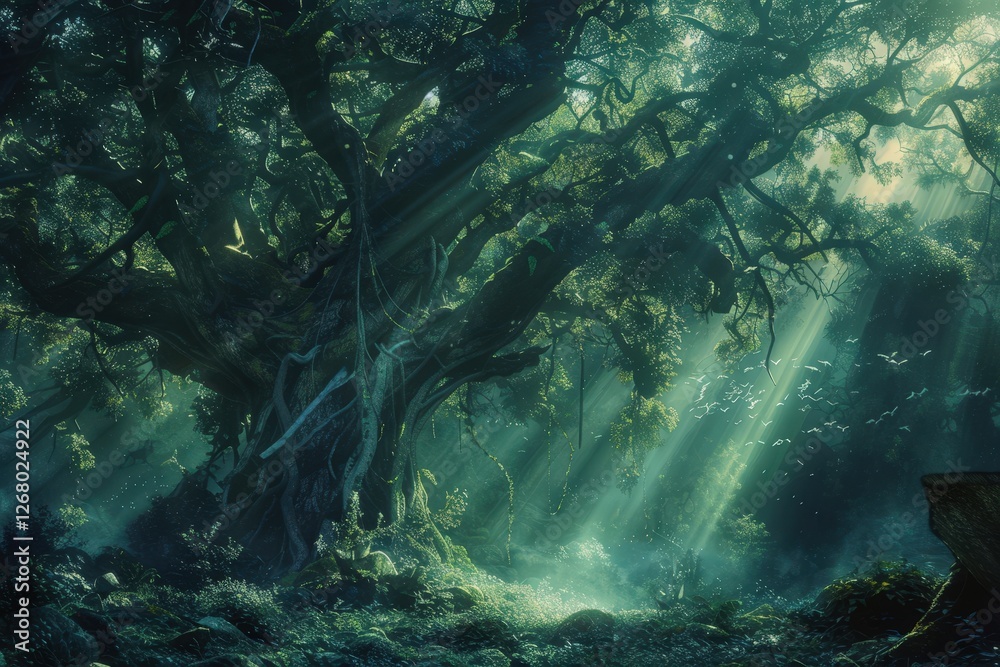 Poster majestic ancient tree surrounded by lush greenery and soft sunlight in a tranquil forest setting