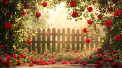 Lush red roses flourish in a peaceful garden, their delicate petals contrasting with the wooden fence and the subtle floral scenery beyond.