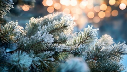 background christmas tree with needles covered with ice and snow against tree light
