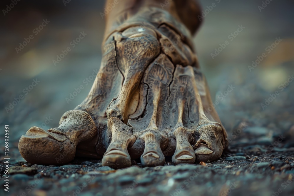 Poster detailed view of a human skeletal foot highlighting bones and joints with dramatic lighting and text