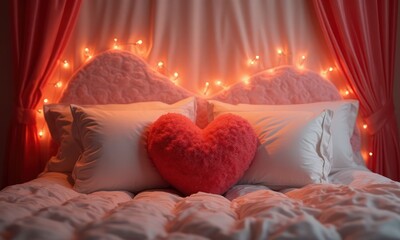 Red heart shaped pillow lies on the bed in a cozy bedroom. The pillow is soft and fluffy
