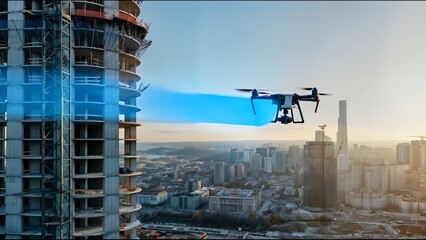 Quadcopter drone performing precision 3d laser scanning of unfinished skyscraper during early morning light, capturing architectural details with advanced technological innovation