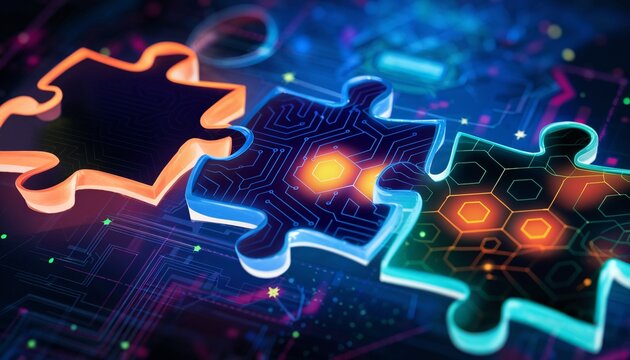 Colorful puzzle pieces with glowing edges on a dark, tech-inspired background.