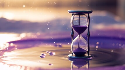 A purple hourglass resting in a pool of shimmering liquid, capturing the essence of time's flow.