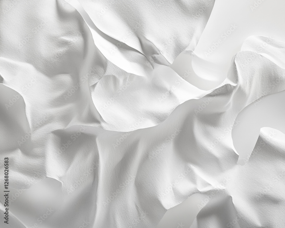 Poster Close-up of crumpled white paper with smooth folds and delicate creases, representing texture, fluidity, and minimalism in design, symbolizing softness and simplicity.