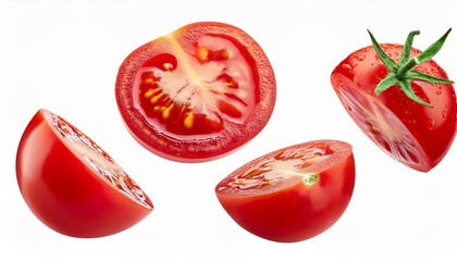 set of sliced cherry tomatoes floating in the air isolated on white background