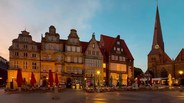 Market Square, Town Hall, Ronald's Cathedral and St. Peter's Cathedral in historic centre old town Free Hanseatic City Bremen Germany, October 6, 2024. High quality 4k footage