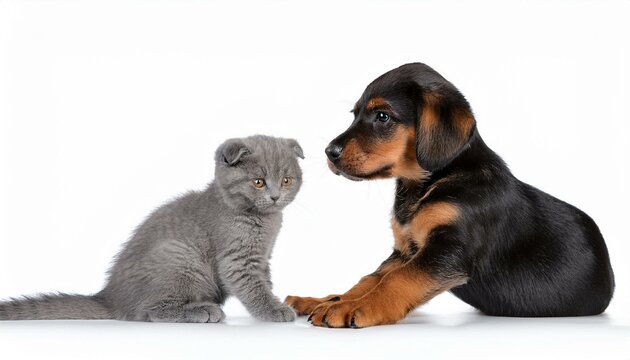 slovakian hound puppy and scottish straight kitten side view isolated on a white background