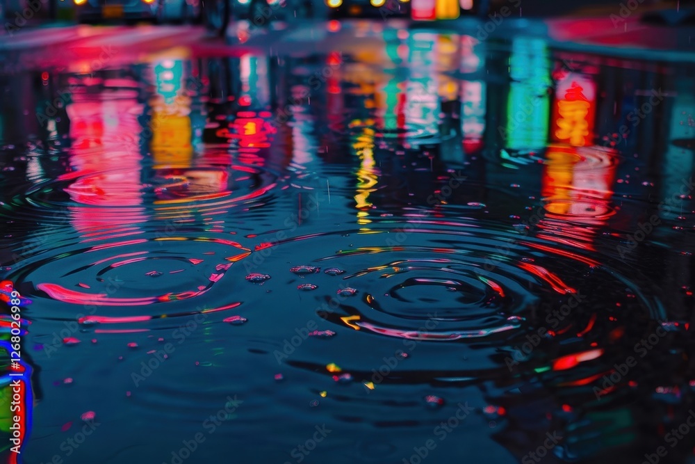 Poster colorful reflections create mesmerizing ripples on a still water surface at night in an urban settin
