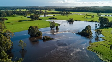 Obraz premium Swollen waters from the River spread across vast farmland, creating a dramatic aerial view of widespread flooding and environmental impact.