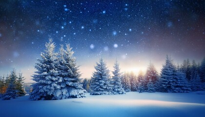 christmas night with magic glowing lights and pine tree covered with snow winter forest landscape scenery new year eve background wallpaper
