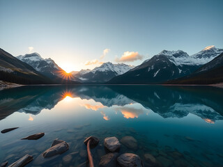Obraz premium A breathtaking view of the Canadian Rockies at sunrise, with snow-capped peaks reflecting in the crystal-clear waters of a turquoise alpine lake with some clouds