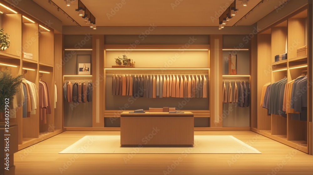 Aufkleber interior view of a stylish clothing store featuring neatly arranged garments and modern design eleme