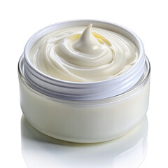A jar of creamy diaper rash cream is isolated on a plain background showcasing its smooth texture and inviting appearance for practical use
