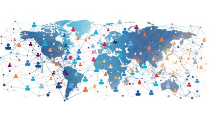 Fototapeta premium Global business landscape with diverse professionals analyzing data and exchanging insights, focusing on customer connections and HR recruitment