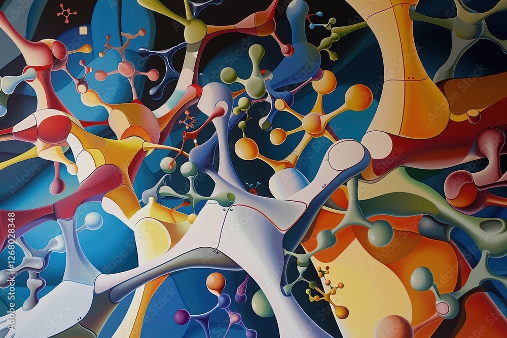 Poster colorful abstract structures intertwining in a whimsical landscape under a vibrant sky during late a