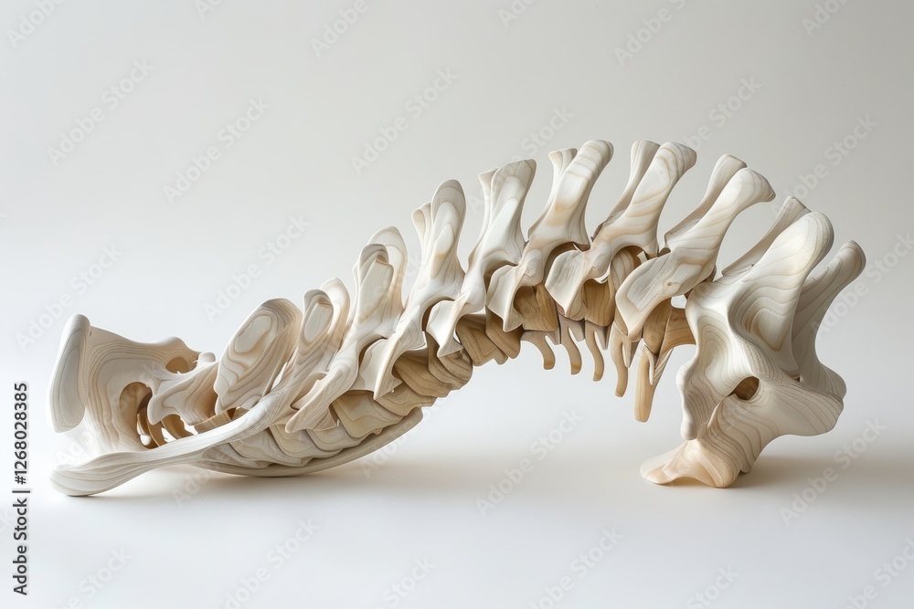 Aufkleber Unique wooden sculpture representing a series of stylized vertebrae in a sleek and modern design, displayed on a minimalistic wooden base under soft lighting