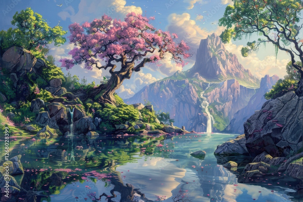 Poster sunlight filtering through trees illuminates a serene forest landscape with waterfalls and lush gree