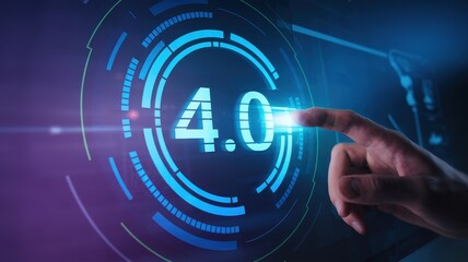 Obraz premium A hand touches digital screen display with the number four point zero