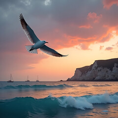 Wild bird, river or sea, evening sunset
